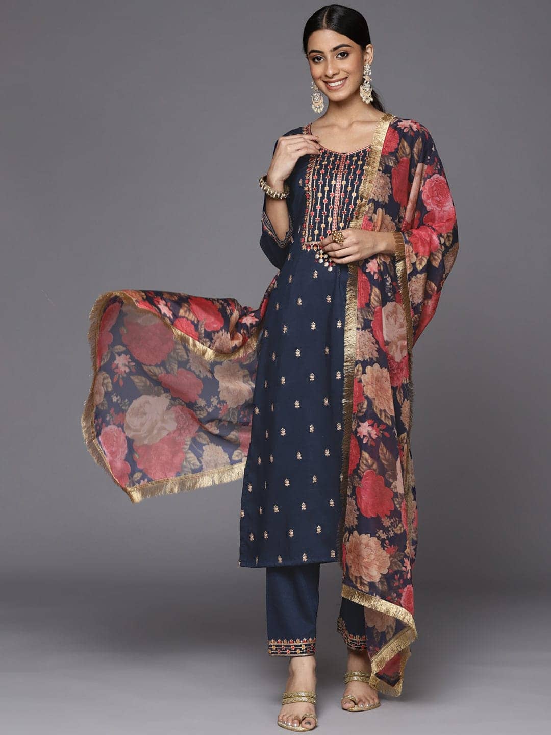 MEHZEEL FAB Silk Blend Embroidered Kurti With Pants Women's Stitched Salwar Suit - Blue ( Pack of 1 )