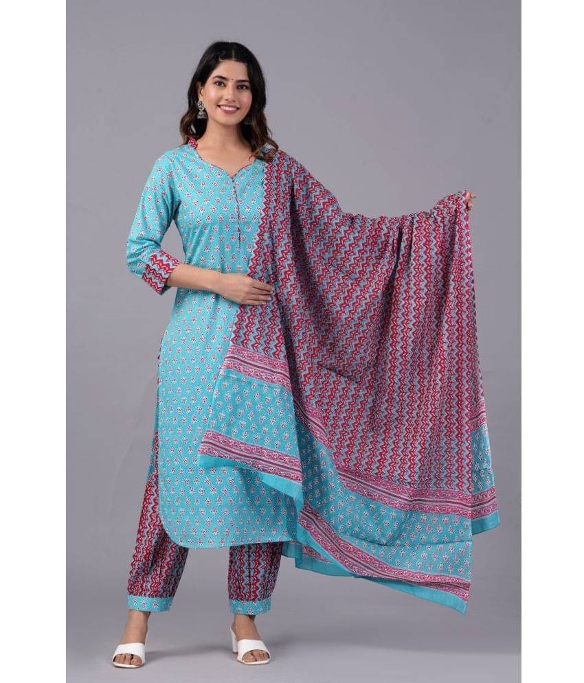     			Mishree Collection Cotton Printed Kurti With Pants Women's Stitched Salwar Suit - Turquoise ( Pack of 1 )