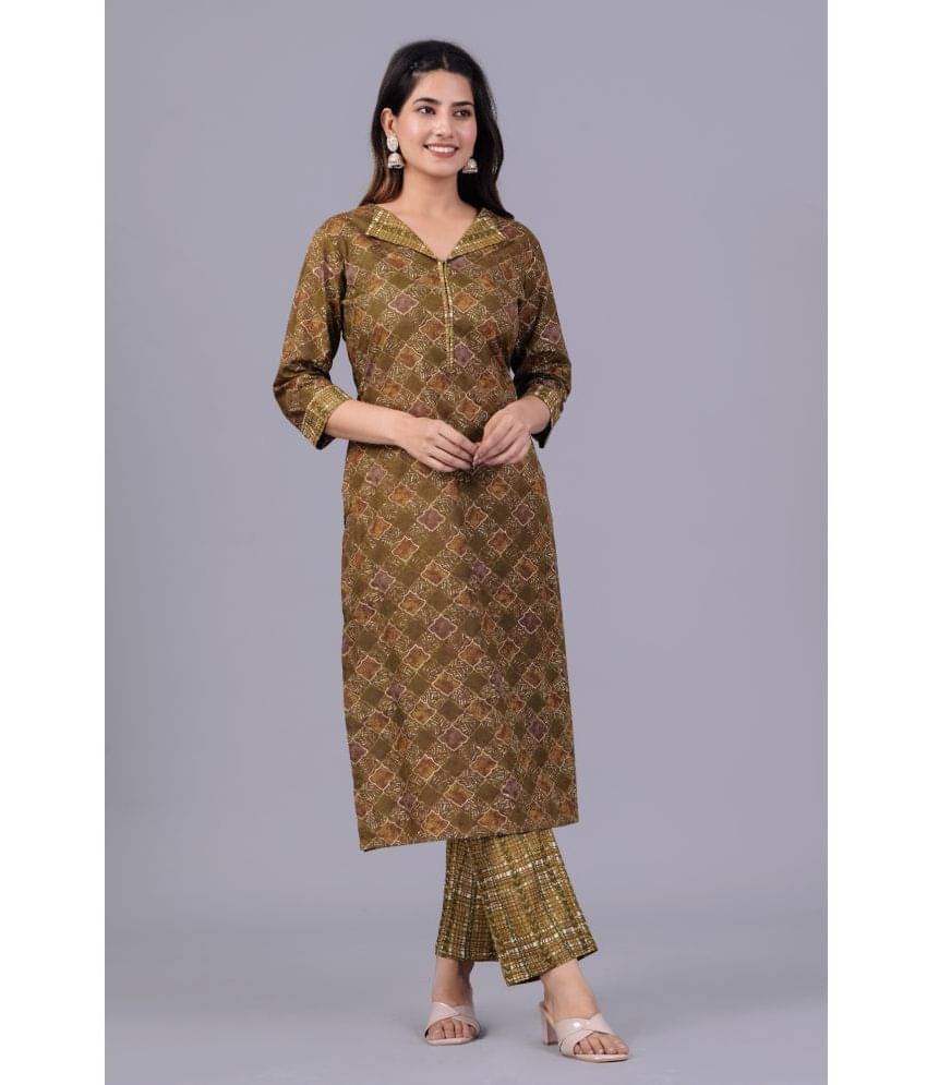 Mishree Collection Cotton Printed Kurti With Pants Women's Stitched Salwar Suit - Brown ( Pack of 1 ) Mishree Collection Cotton Printed Kurti With Pants Women's Stitched Salwar Suit - Brown ( Pack of 1 )