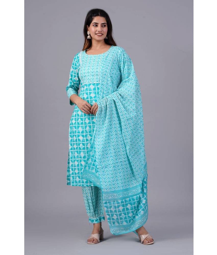 Mishree Collection Cotton Printed Kurti With Pants Women's Stitched Salwar Suit - Turquoise ( Pack of 1 ) Mishree Collection Cotton Printed Kurti With Pants Women's Stitched Salwar Suit - Turquoise ( Pack of 1 )