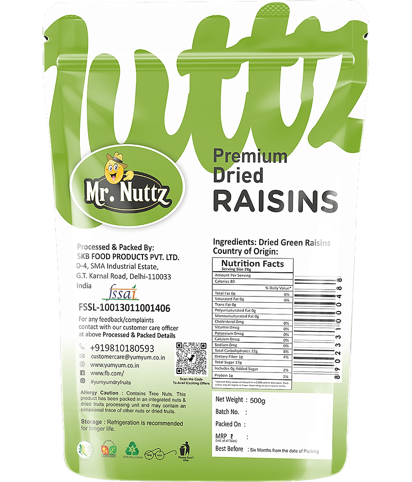 Mr.Nuttz Premium Seedless Green Raisin Kishmish 1kg - Raisins (2 x 0.5 kg)