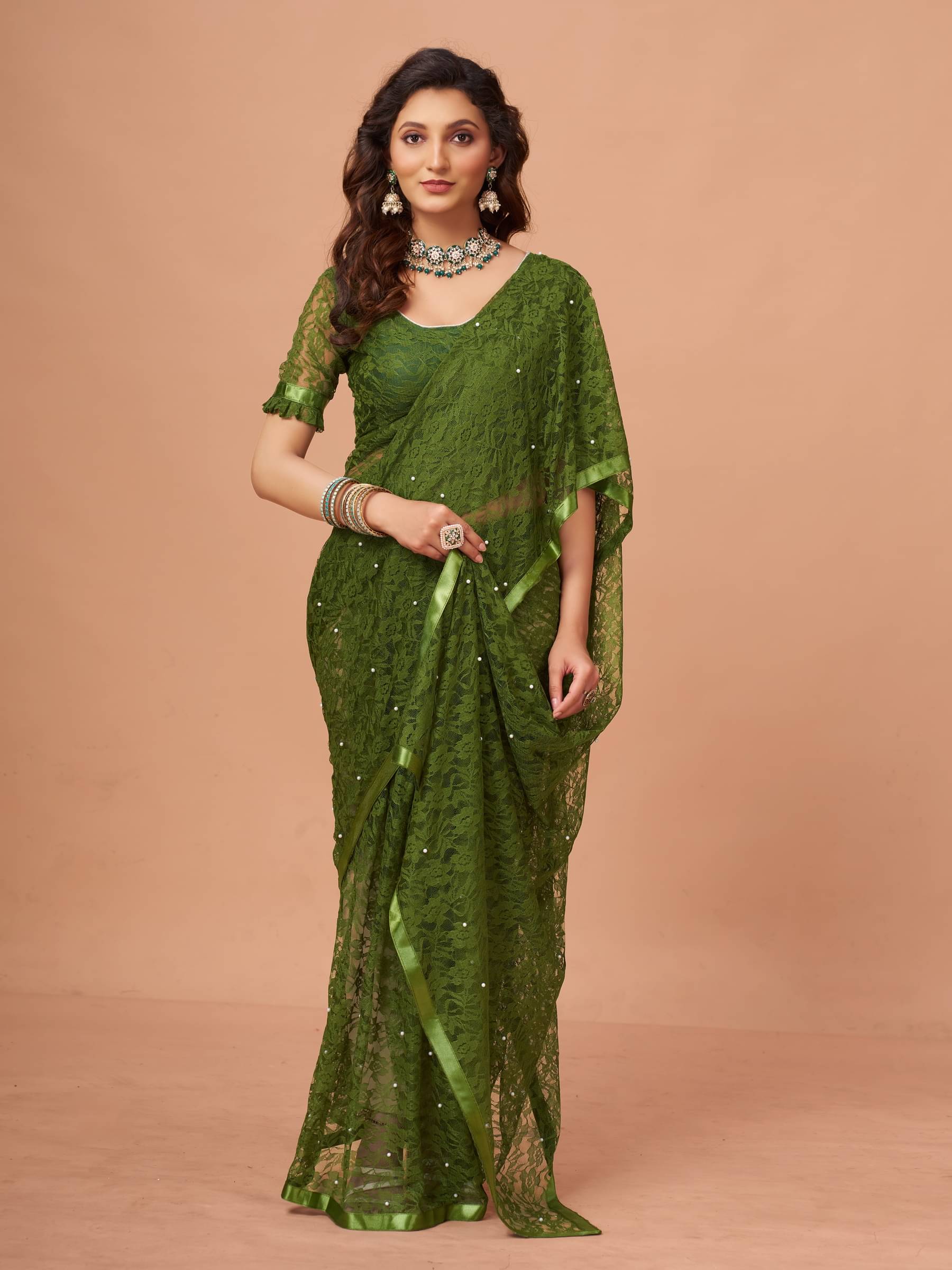     			VANRAJ CREATION Brasso Self Design Saree With Unstitched Blouse Piece ( Olive )