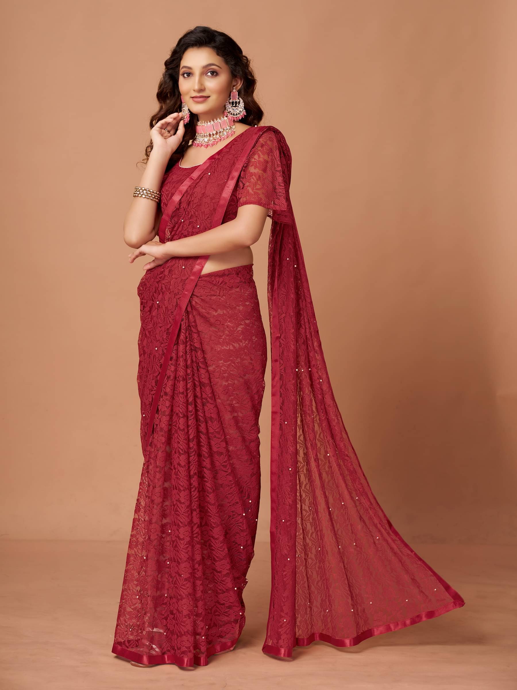 VANRAJ CREATION Brasso Self Design Saree With Unstitched Blouse Piece ( Maroon ) VANRAJ CREATION Brasso Self Design Saree With Unstitched Blouse Piece ( Maroon )