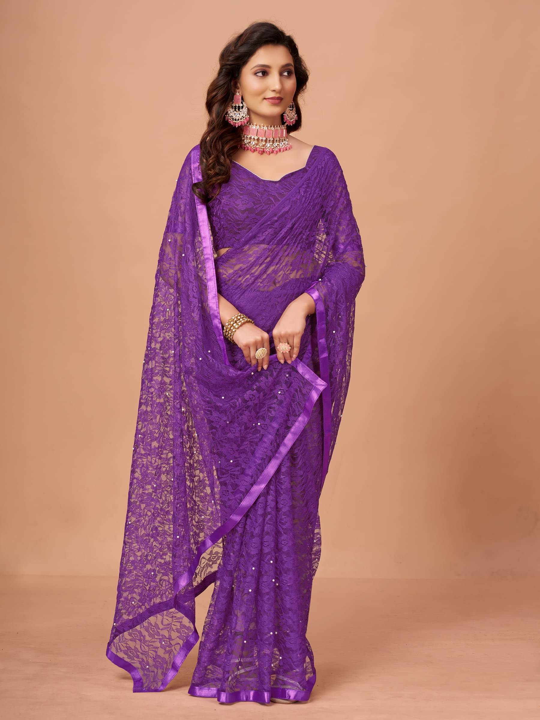     			VANRAJ CREATION Brasso Self Design Saree With Unstitched Blouse Piece ( Purple )