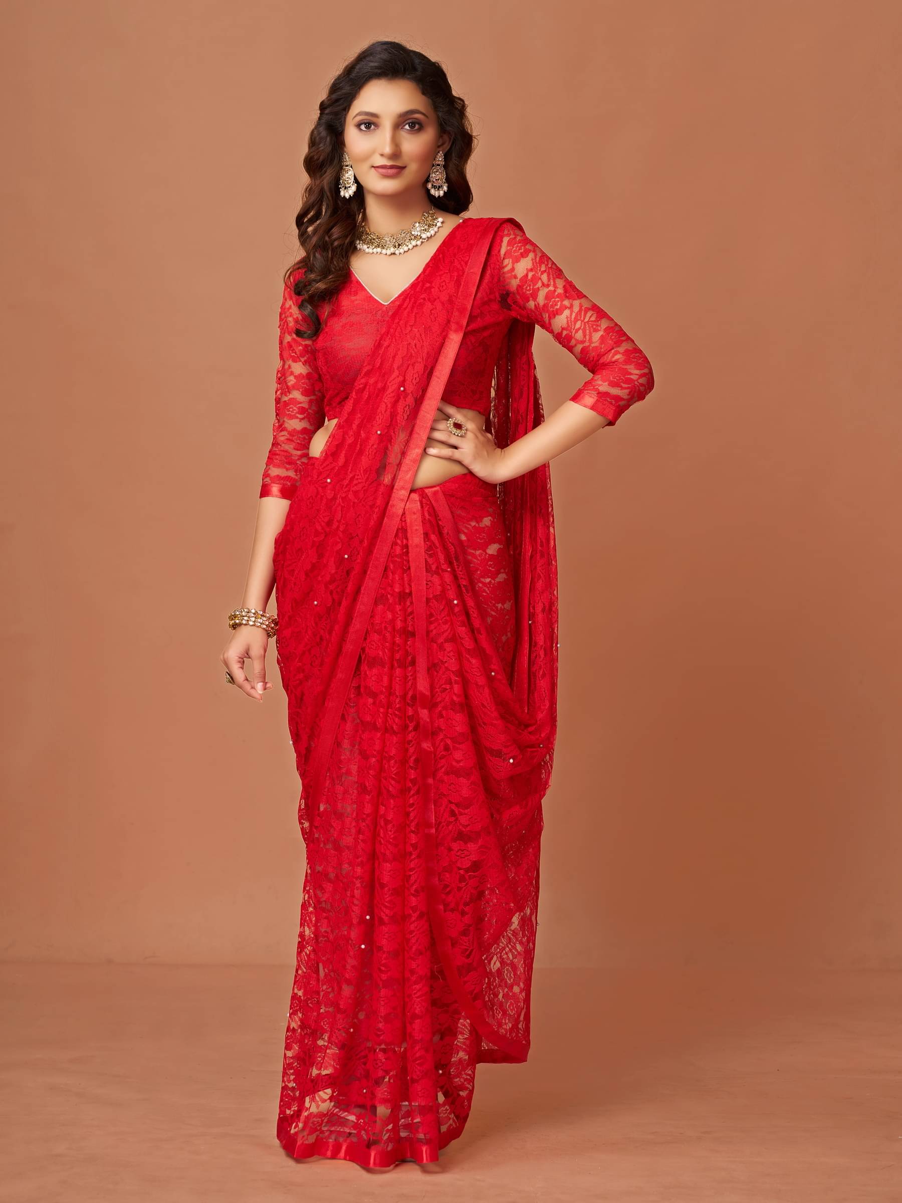     			VANRAJ CREATION Brasso Self Design Saree With Unstitched Blouse Piece ( Red )
