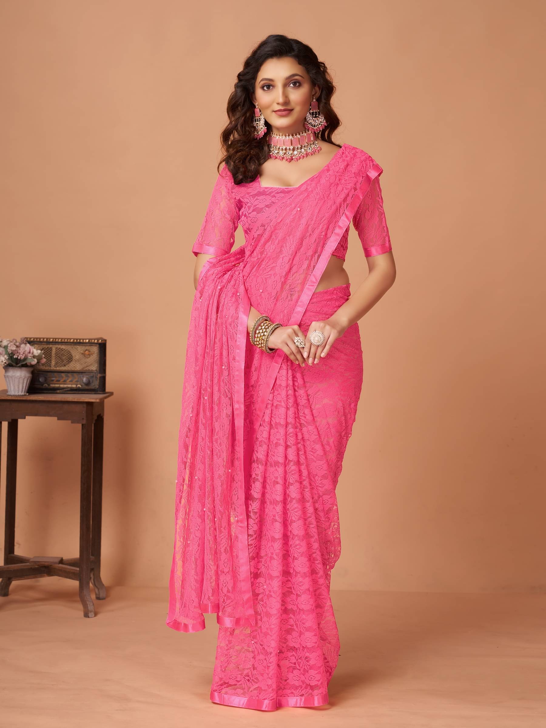 VANRAJ CREATION Brasso Self Design Saree With Unstitched Blouse Piece ( Pink ) VANRAJ CREATION Brasso Self Design Saree With Unstitched Blouse Piece ( Pink )