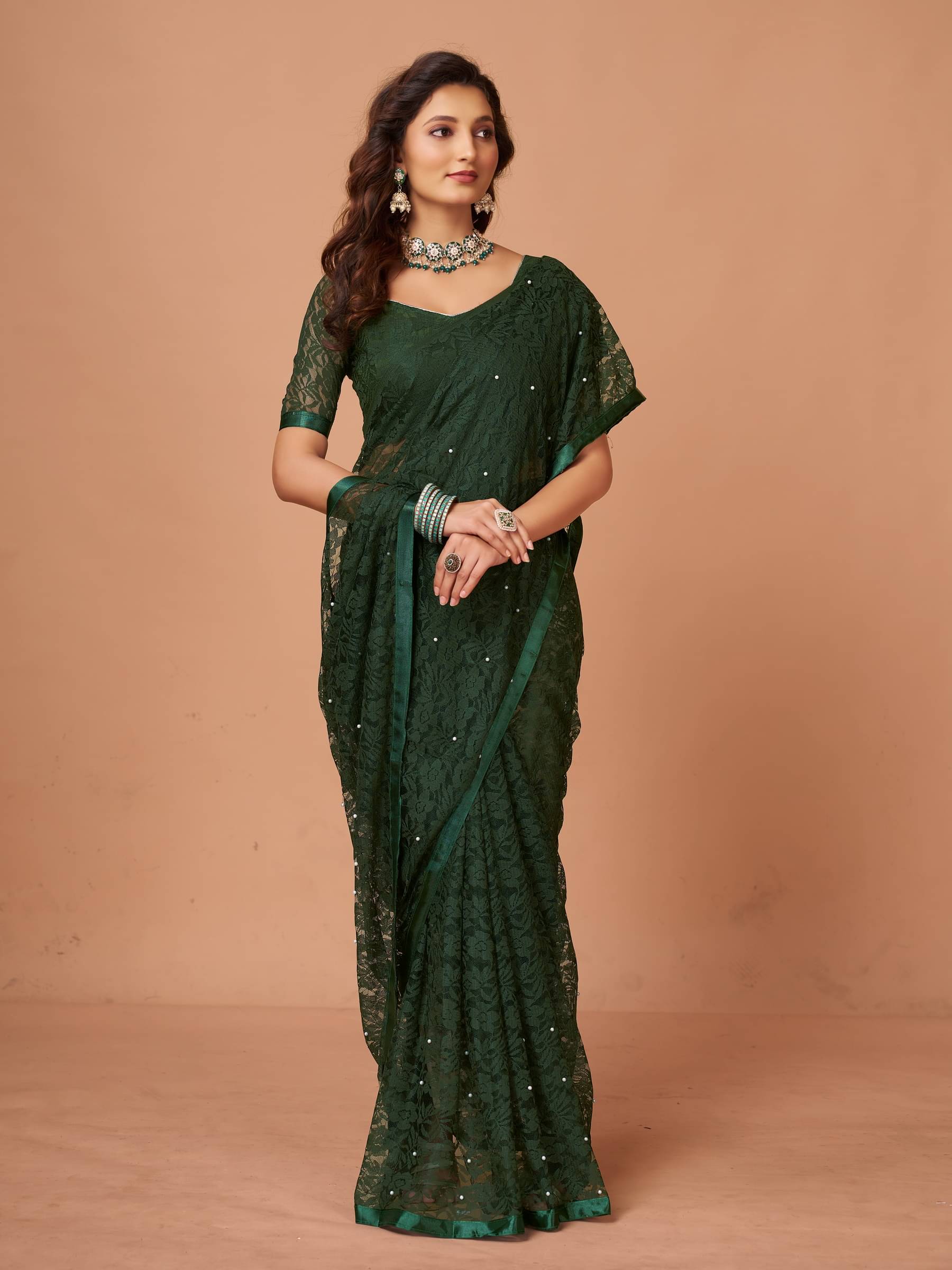     			VANRAJ CREATION Brasso Self Design Saree With Unstitched Blouse Piece ( Green )