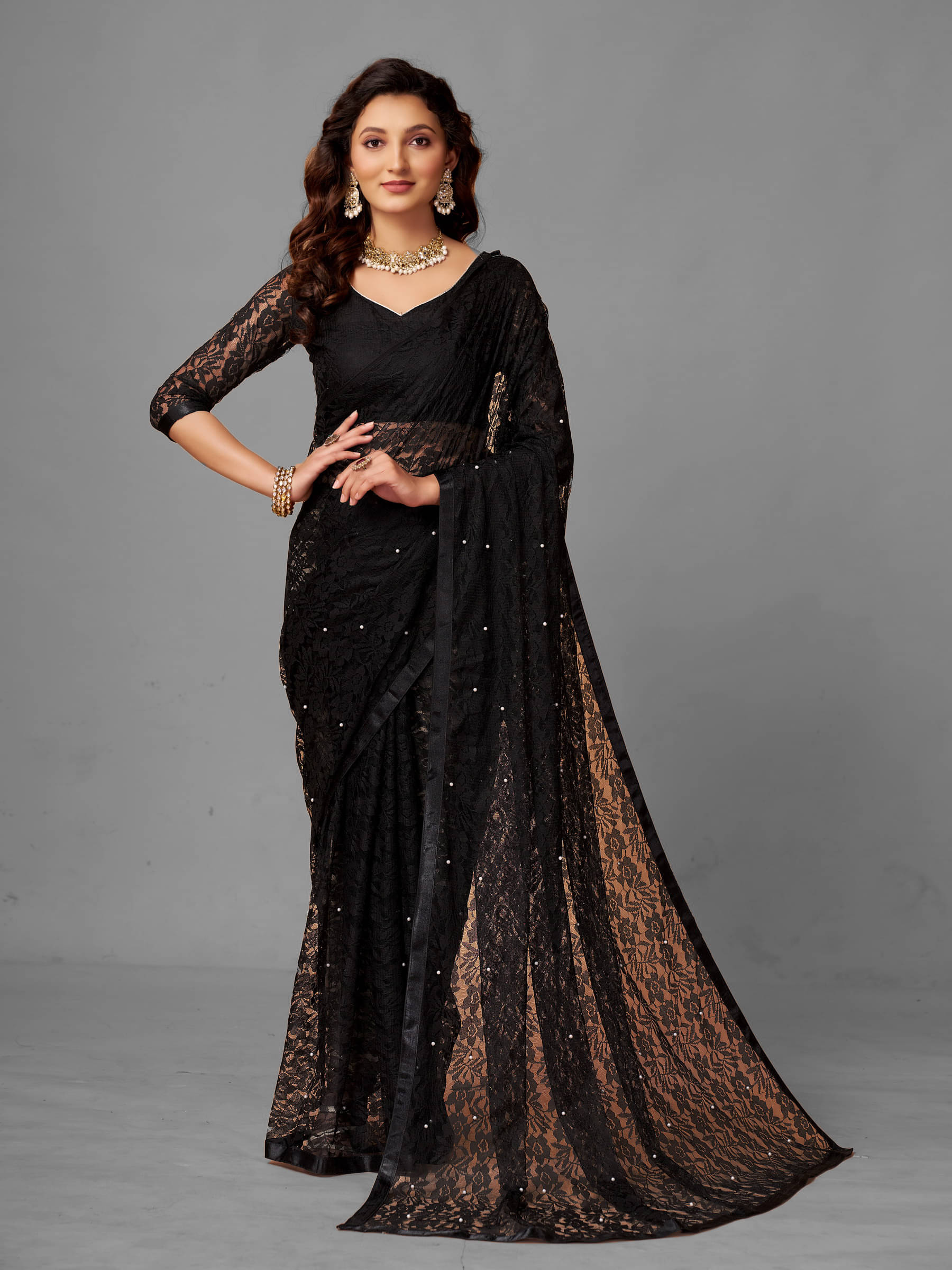 VANRAJ CREATION Brasso Self Design Saree With Unstitched Blouse Piece ( Black ) VANRAJ CREATION Brasso Self Design Saree With Unstitched Blouse Piece ( Black )