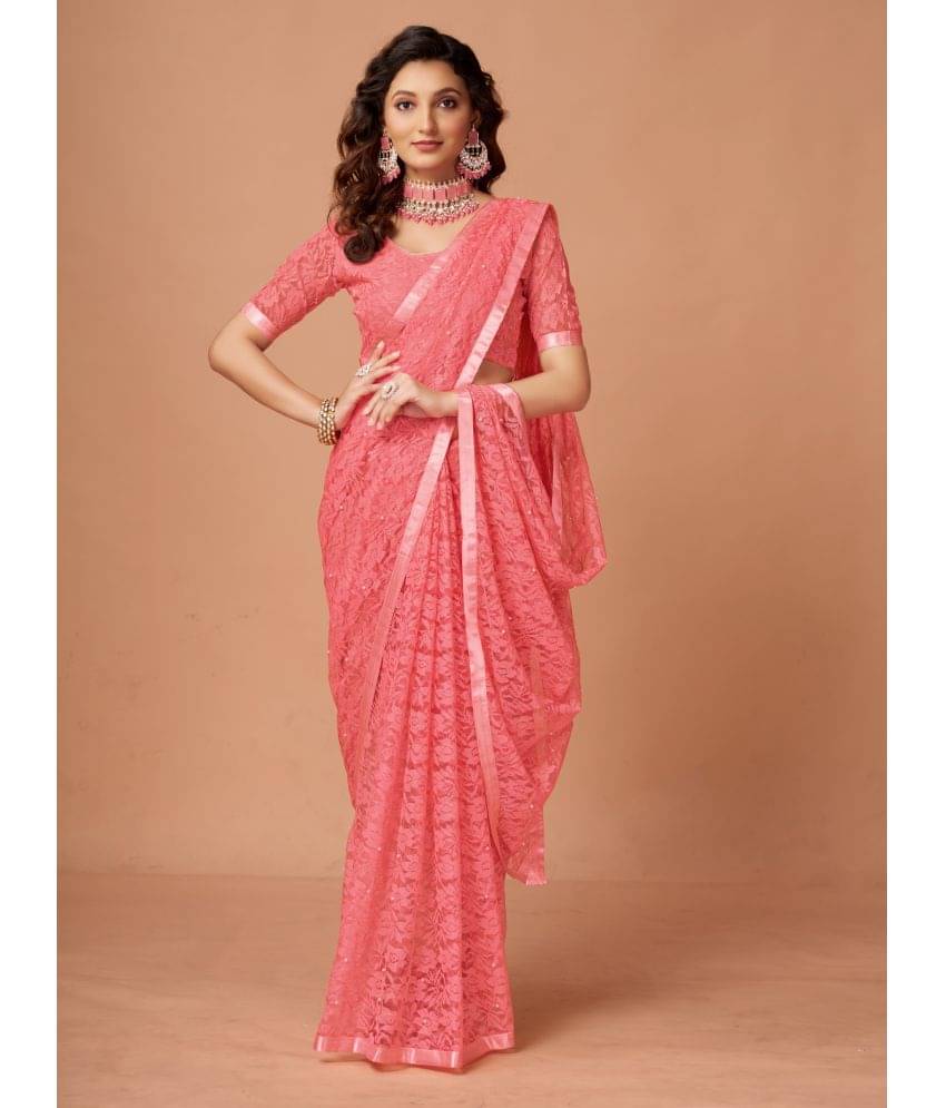     			VANRAJ CREATION Brasso Self Design Saree With Unstitched Blouse Piece ( Pink )