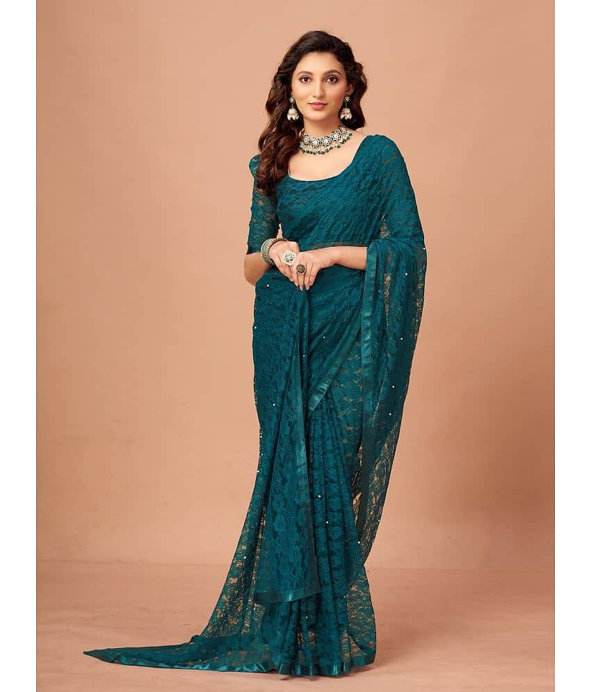 VANRAJ CREATION Brasso Self Design Saree With Unstitched Blouse Piece ( Teal ) - Sarees | Buy online on ZillyBuy