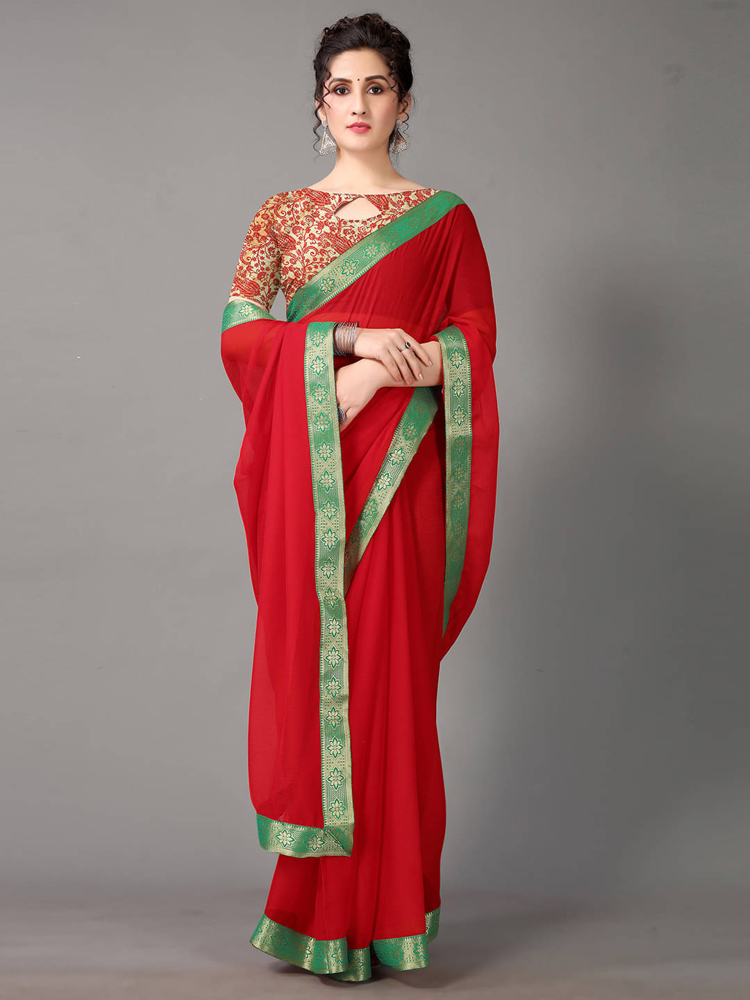 Aarrah Chiffon Embellished Saree With Unstitched Blouse Piece ( Red ) Aarrah Chiffon Embellished Saree With Unstitched Blouse Piece ( Red )