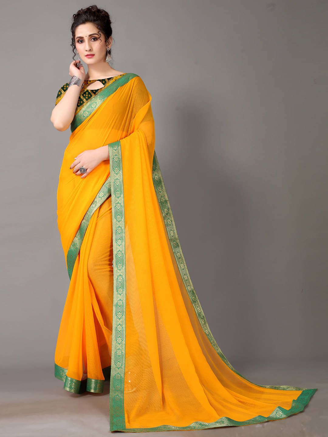 Aarrah Chiffon Embellished Saree With Unstitched Blouse Piece ( Yellow ) Aarrah Chiffon Embellished Saree With Unstitched Blouse Piece ( Yellow )
