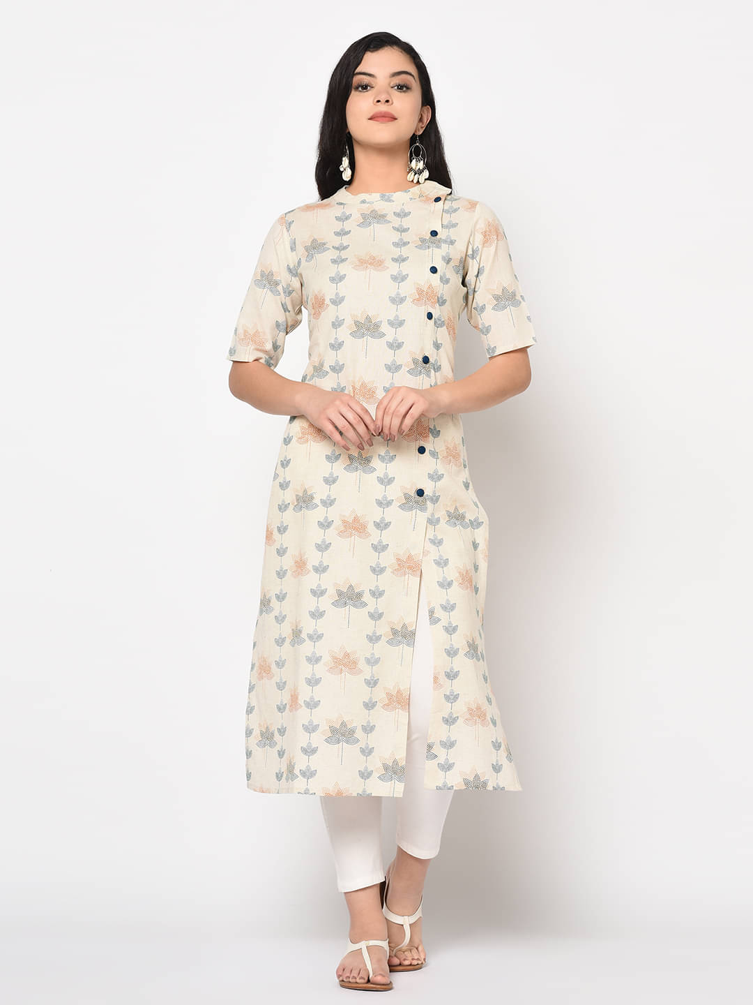     			Antaran Cotton Printed Front Slit Women's Kurti - Off White ( Pack of 1 )