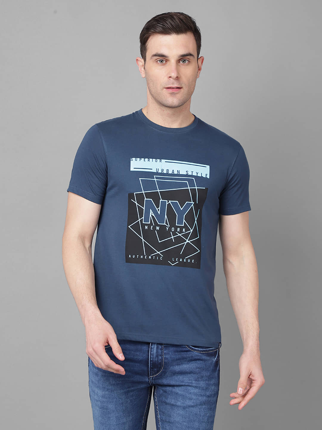 Dollar Cotton Blend Regular Fit Printed Half Sleeves Men's T-Shirt - Light Blue ( Pack of 1 )