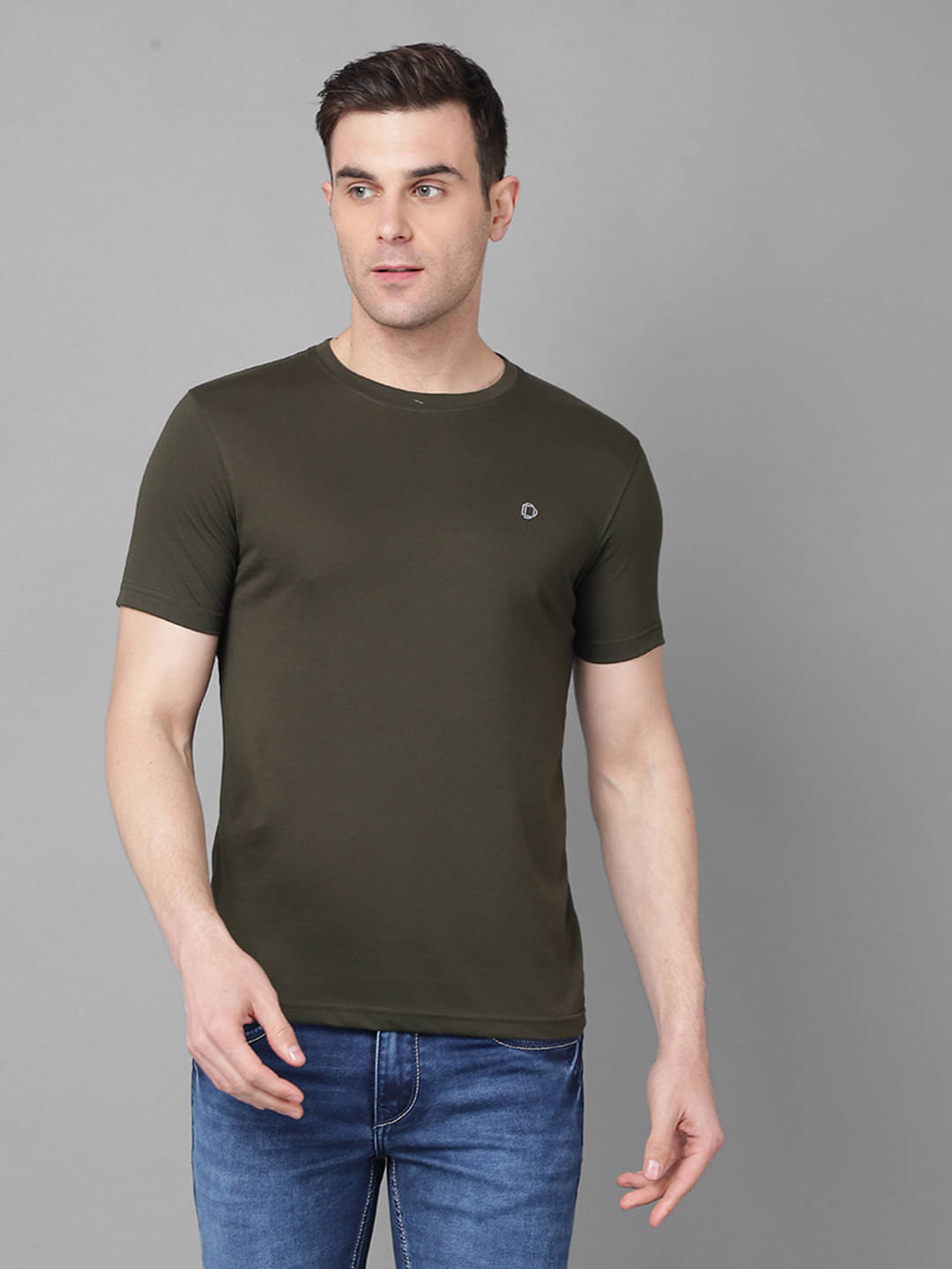     			Dollar Cotton Blend Regular Fit Solid Half Sleeves Men's T-Shirt - Olive ( Pack of 1 )