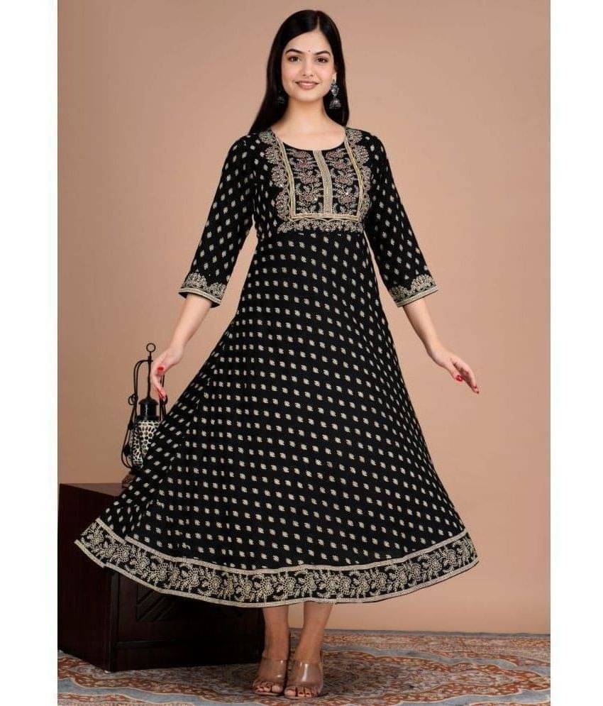 FABRR Rayon Printed Flared Women's Kurti - Black ( Pack of 1 ) FABRR Rayon Printed Flared Women's Kurti - Black ( Pack of 1 )