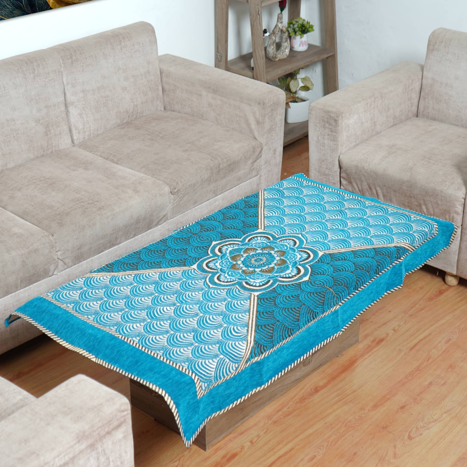 FURNISHING HUT Self Design Velvet 4 Seater Rectangle Table Cover ( 137 x 91 ) cm Pack of 1 Aqua     			FURNISHING HUT Self Design Velvet 4 Seater Rectangle Table Cover ( 137 x 91 ) cm Pack of 1 Aqua