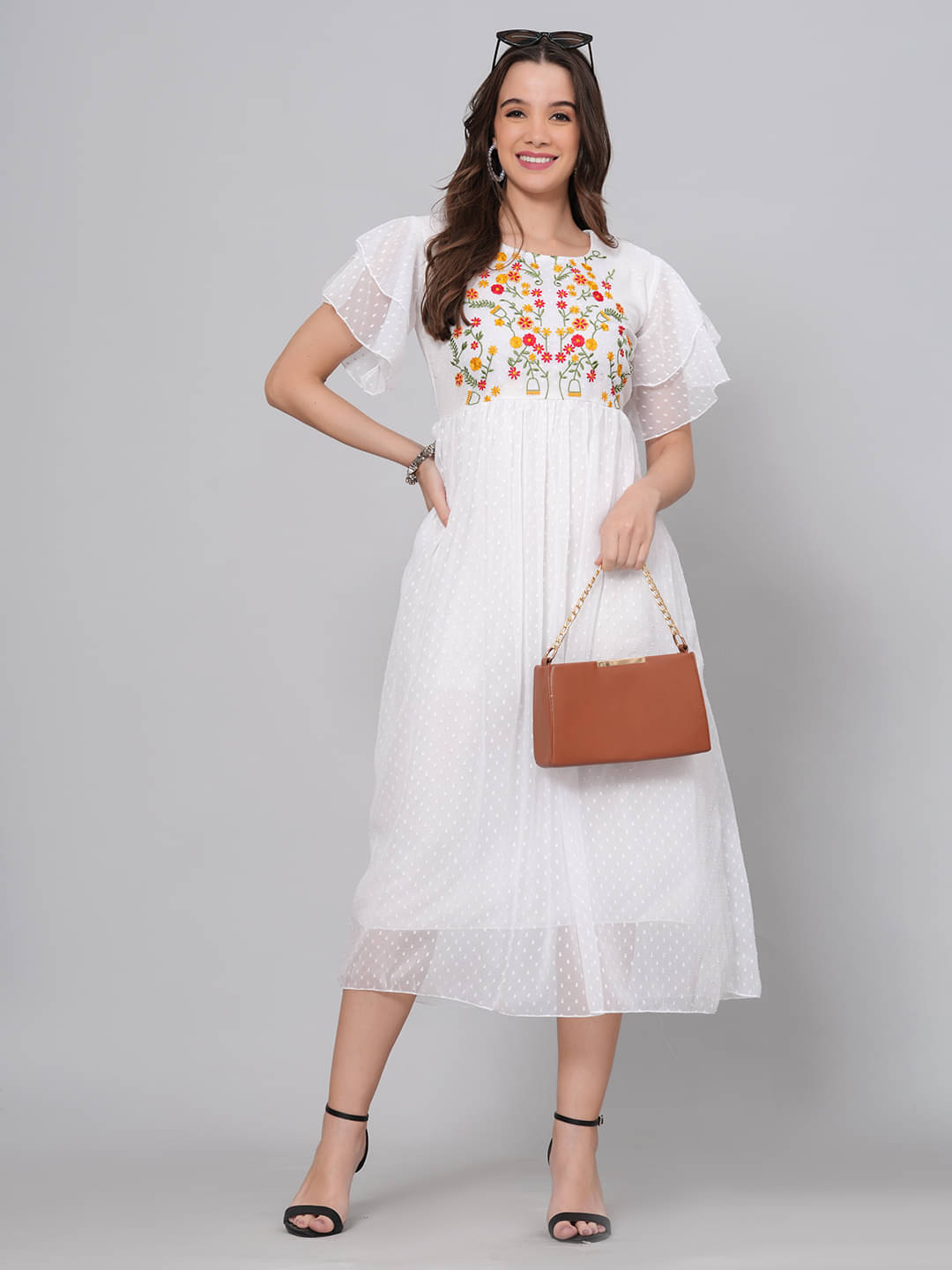 HIGHLIGHT FASHION EXPORT Women Crepe Printed Fit & Flare Dress ( White )     			HIGHLIGHT FASHION EXPORT Women Crepe Printed Fit & Flare Dress ( White )