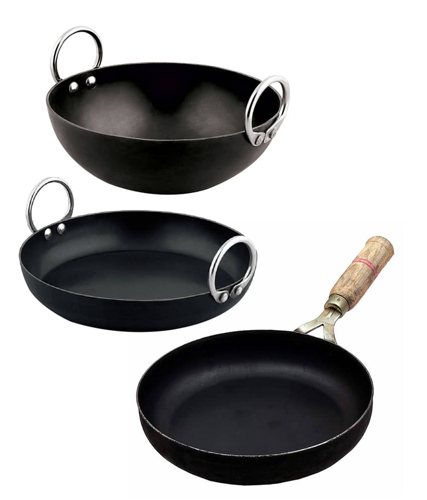 Ms Pure Iron/Loha Combo Set Of Black Deep Kadai & Multi-Purpose Induction Wok & Wooden Handle Frying Pan No-10 (Dia-10 Inches, Tot. Cap.-5 Litres) - Cookware | Buy online on ZillyBuy