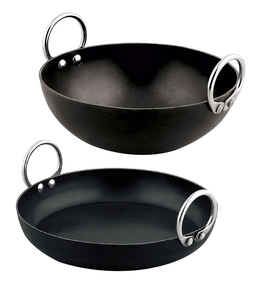 Ms Pure Iron/Loha Combo Set Of Black Deep Kadai & Multi-Purpose Induction Wok No-9 (Dia-9 Inches, Tot. Cap.-2.5 Litres) - Cookware | Buy online on ZillyBuy