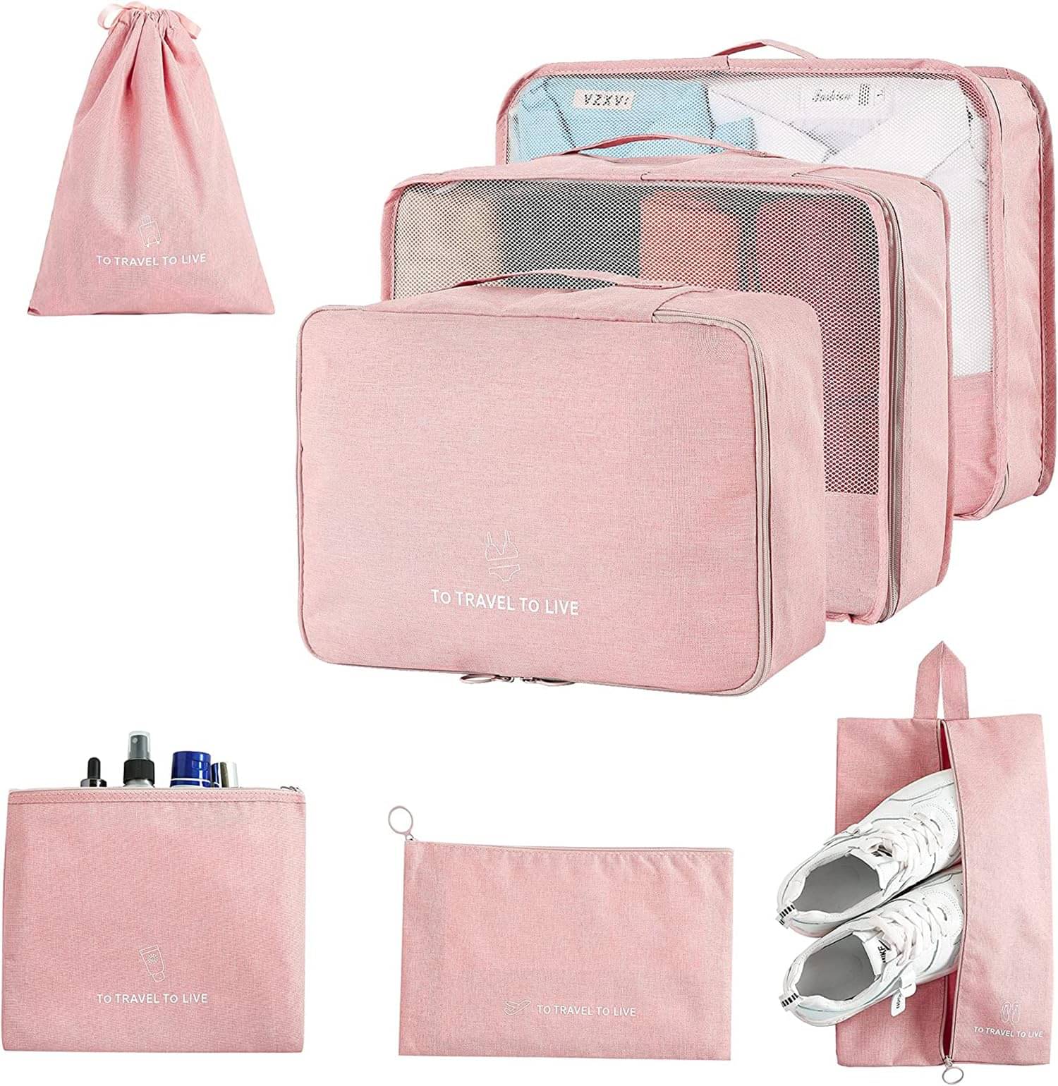     			House Of Quirk Pink Set of 7 Travel Luggage Bag