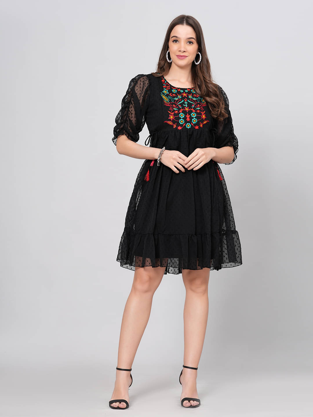     			JC4U Women Crepe Printed Fit & Flare Dress ( Black )