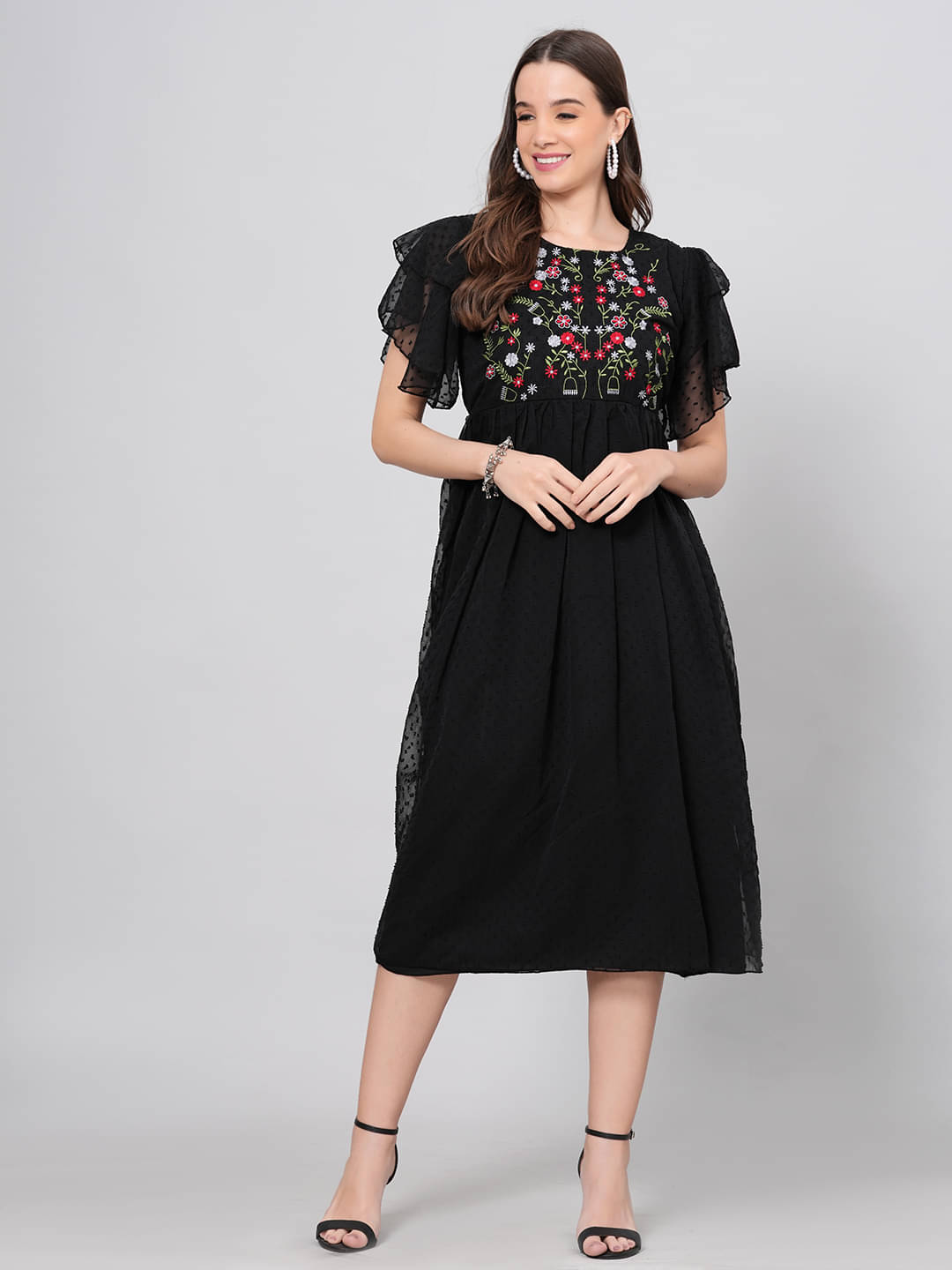     			JC4U Women Crepe Printed Fit & Flare Dress ( Black )