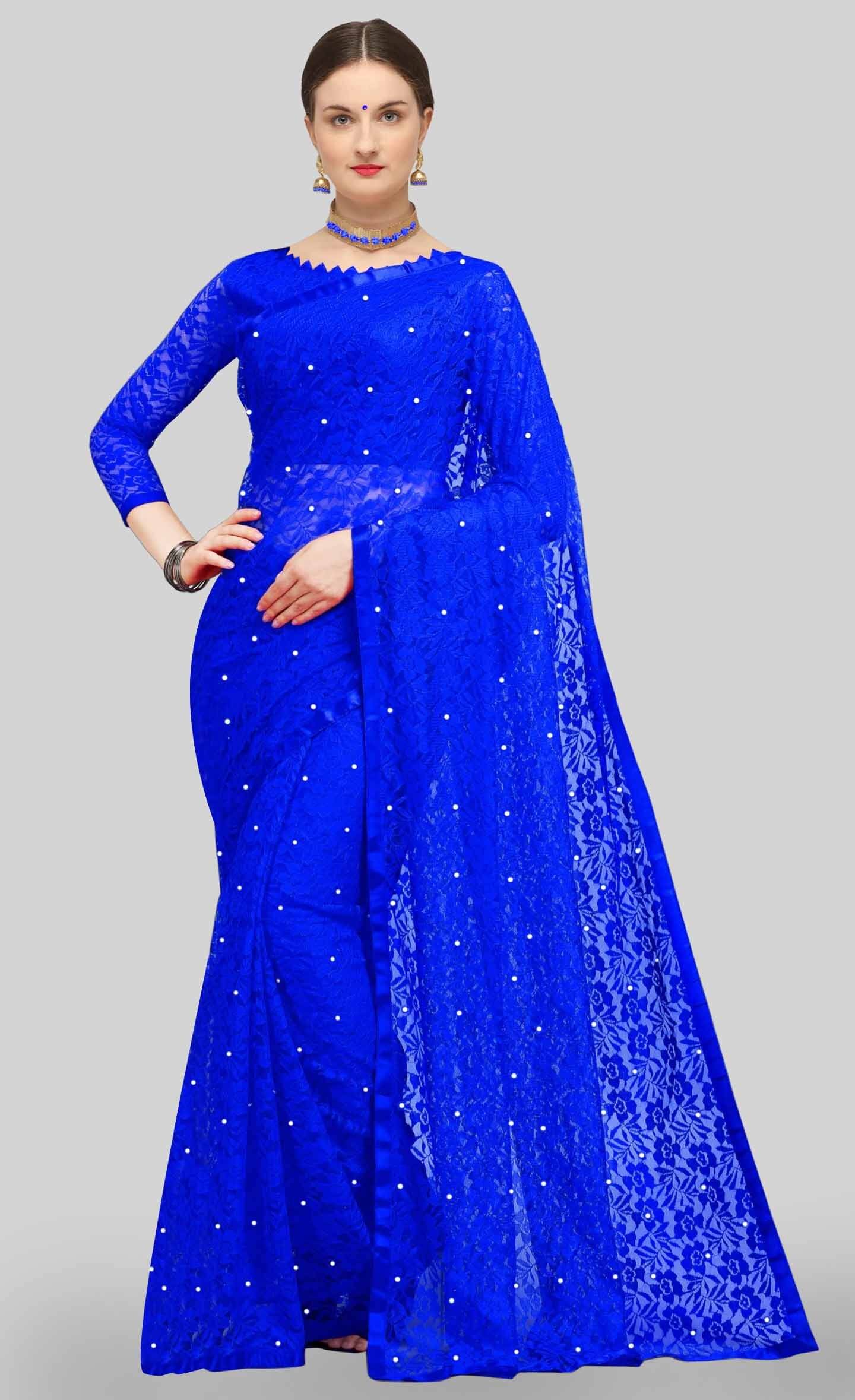     			VANRAJ CREATION Net Self Design Saree With Unstitched Blouse Piece ( Blue )