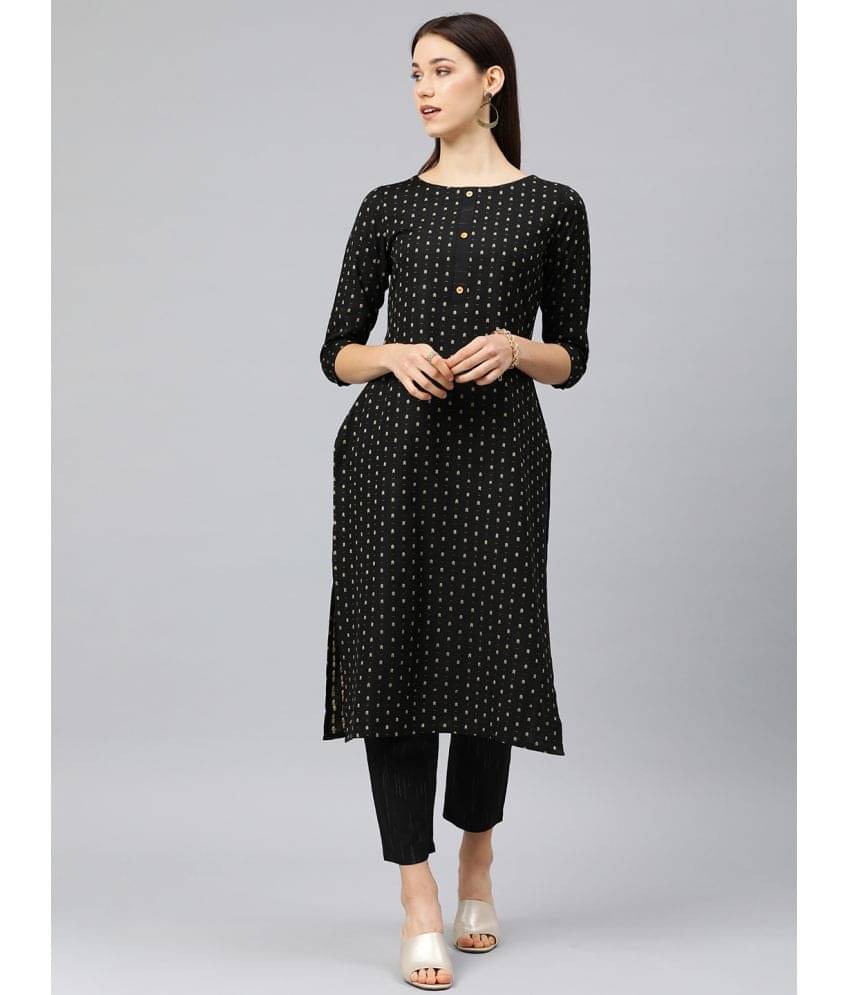     			Aarrah Cotton Blend Printed Kurti With Pants Women's Stitched Salwar Suit - Black ( Pack of 1 )