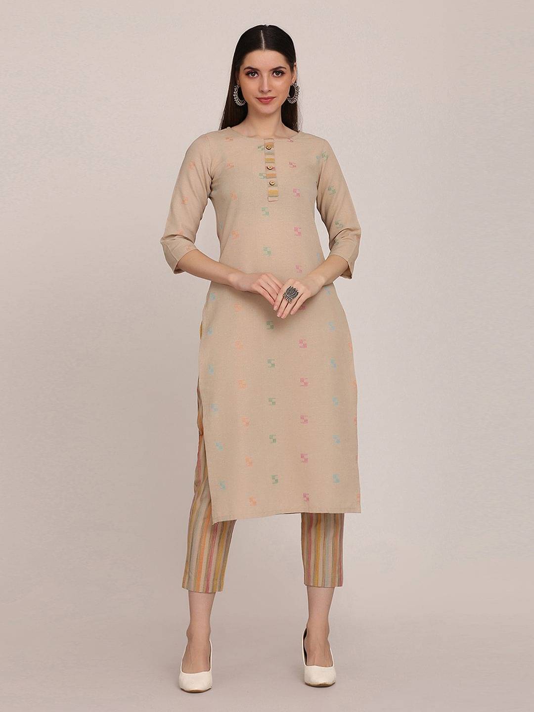 Aarrah Cotton Self Design Kurti With Pants Women's Stitched Salwar Suit - Beige ( Pack of 1 ) Aarrah Cotton Self Design Kurti With Pants Women's Stitched Salwar Suit - Beige ( Pack of 1 )