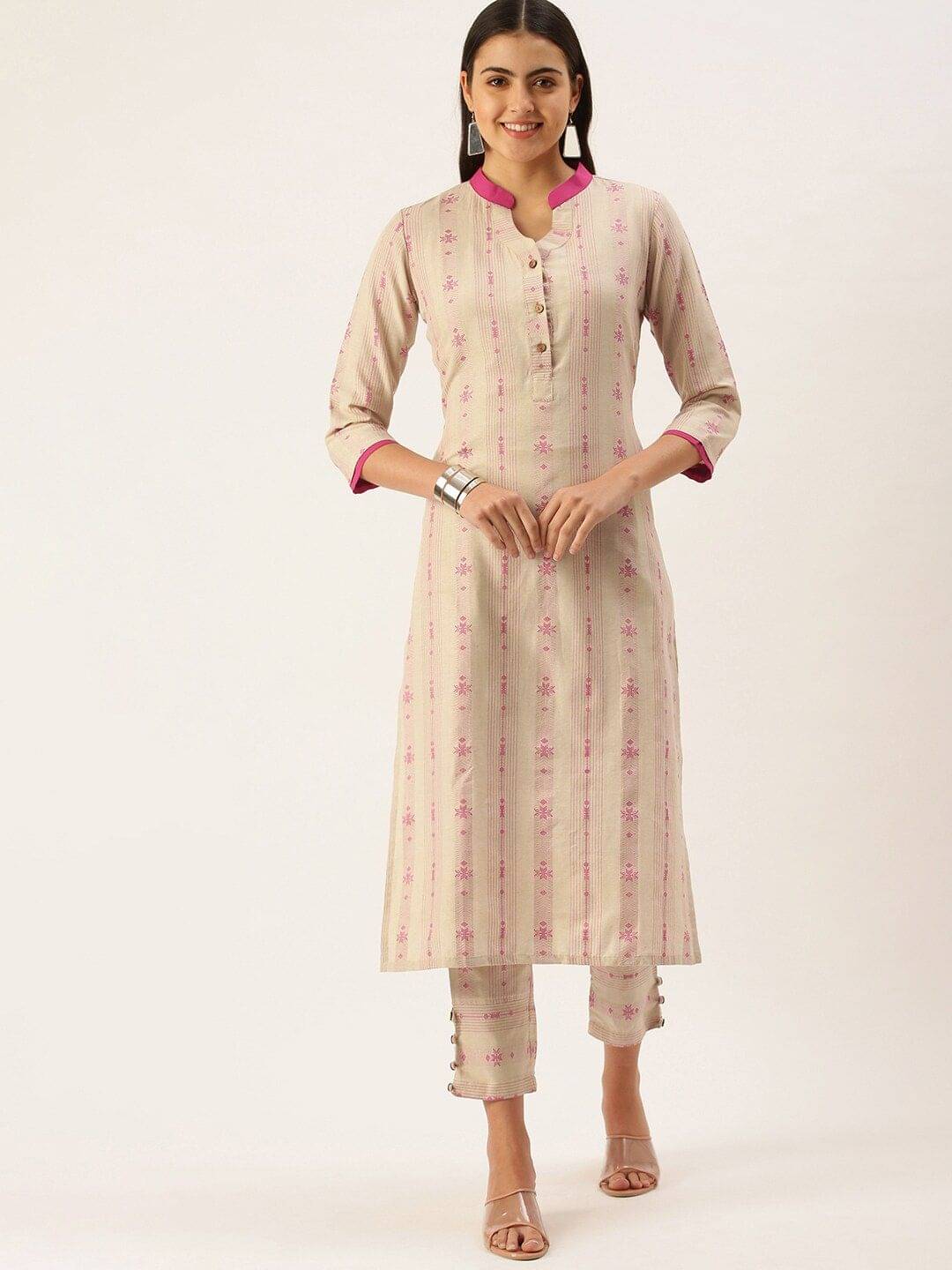 Aarrah Cotton Striped Kurti With Pants Women's Stitched Salwar Suit - Beige ( Pack of 1 )     			Aarrah Cotton Striped Kurti With Pants Women's Stitched Salwar Suit - Beige ( Pack of 1 )