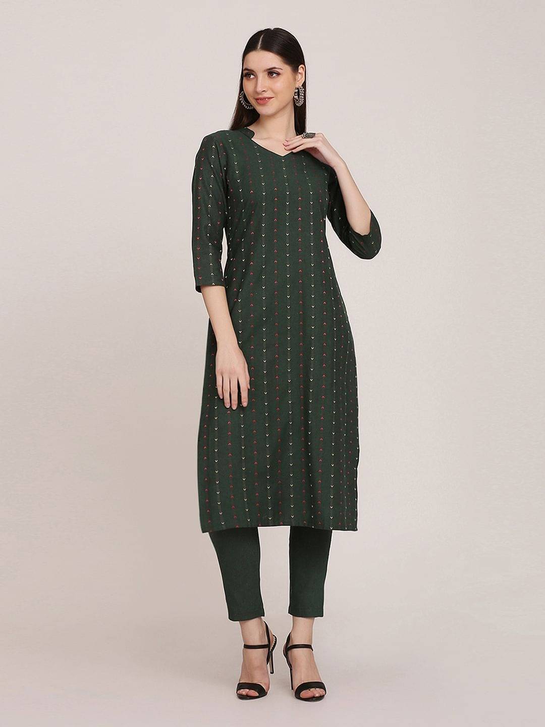 Aarrah Cotton Striped Kurti With Pants Women's Stitched Salwar Suit - Dark Green ( Pack of 1 ) Aarrah Cotton Striped Kurti With Pants Women's Stitched Salwar Suit - Dark Green ( Pack of 1 )