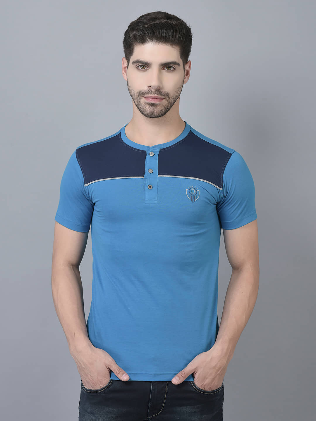 Dollar Cotton Blend Regular Fit Colorblock Half Sleeves Men's T-Shirt - Turquoise ( Pack of 1 )