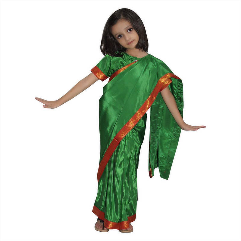     			Kaku Fancy Dresses Indian Wear Pre-Stiched Saree With Blouse -Green, 5-6 Years, For Girls