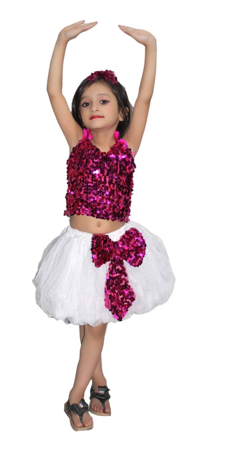     			Kaku Fancy Dresses Western Dance Dress Skirt Top Costume Set -Magenta-Silver, 5-6 Years, For Girls