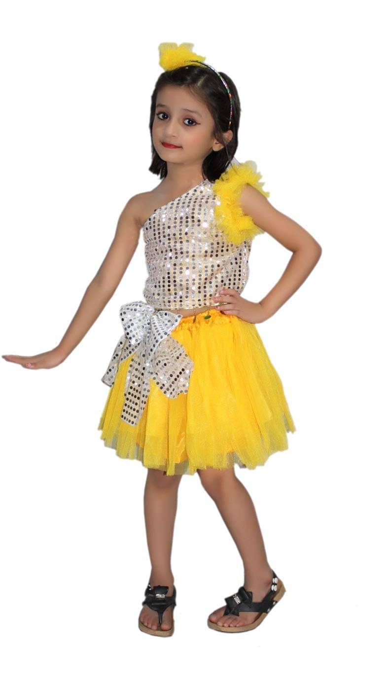     			Kaku Fancy Dresses Western Dance Dress Skirt Top Costume Set -Yellow-Silver, 5-6 Years, For Girls
