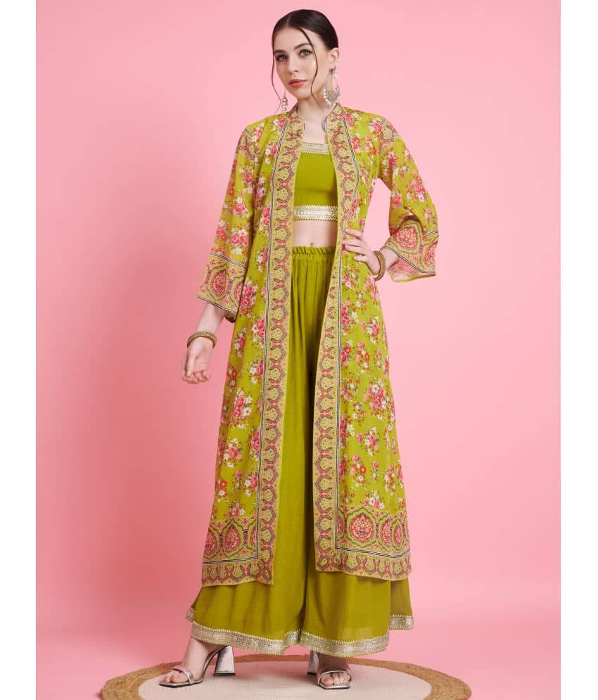 Vbuyz Women Georgette Printed Jacket Style Kurti With Palazzo ( Green )