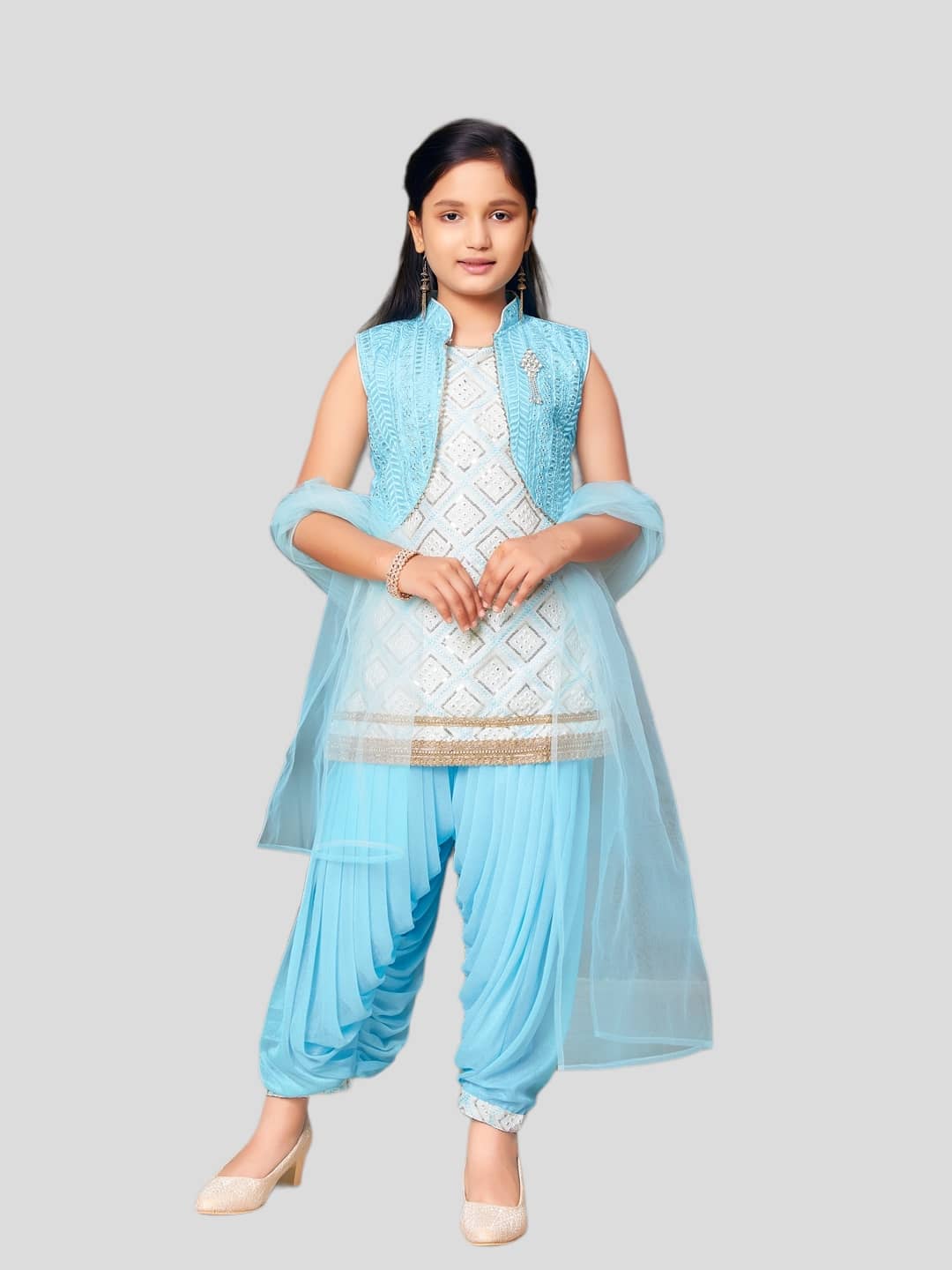 Aarika Girls Silk Patiala Kurta Set ( Pack of 1 , Sky Blue )
