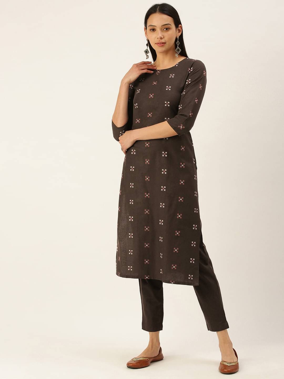     			Aarrah Cotton Solid Kurti With Pants Women's Stitched Salwar Suit - Brown ( Pack of 2 )