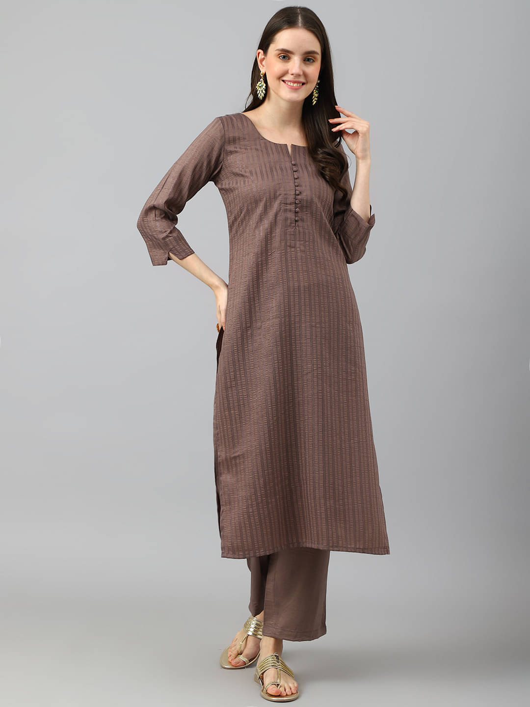 Aarrah Cotton Striped Kurti With Pants Women's Stitched Salwar Suit - Brown ( Pack of 2 ) Aarrah Cotton Striped Kurti With Pants Women's Stitched Salwar Suit - Brown ( Pack of 2 )