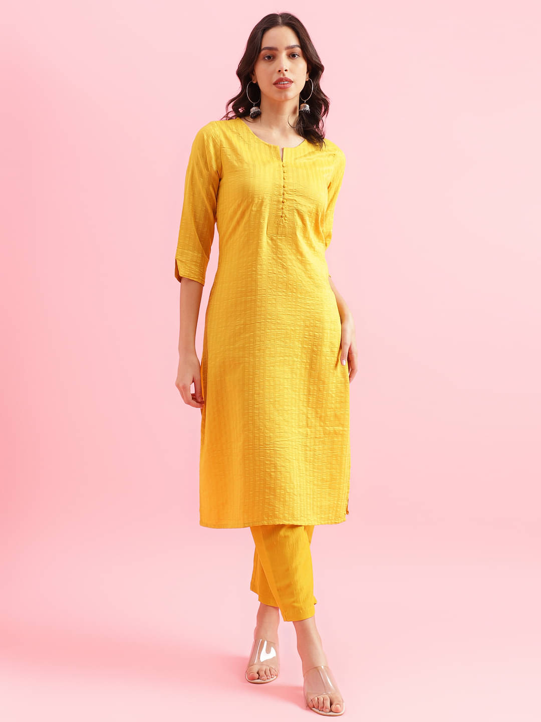     			Aarrah Cotton Striped Kurti With Pants Women's Stitched Salwar Suit - Yellow ( Pack of 2 )