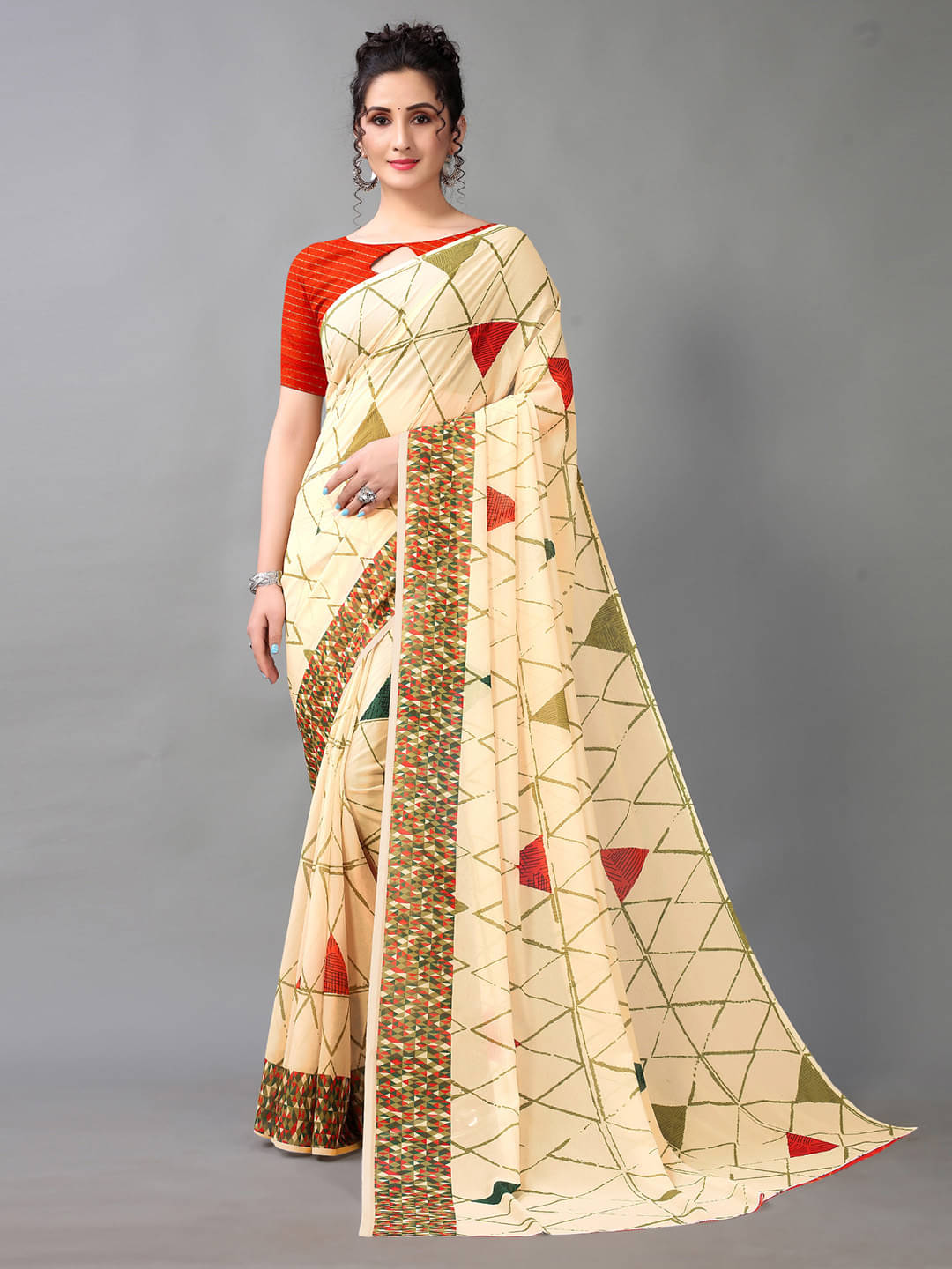     			Aarrah Georgette Printed Saree With Unstitched Blouse Piece ( Cream )