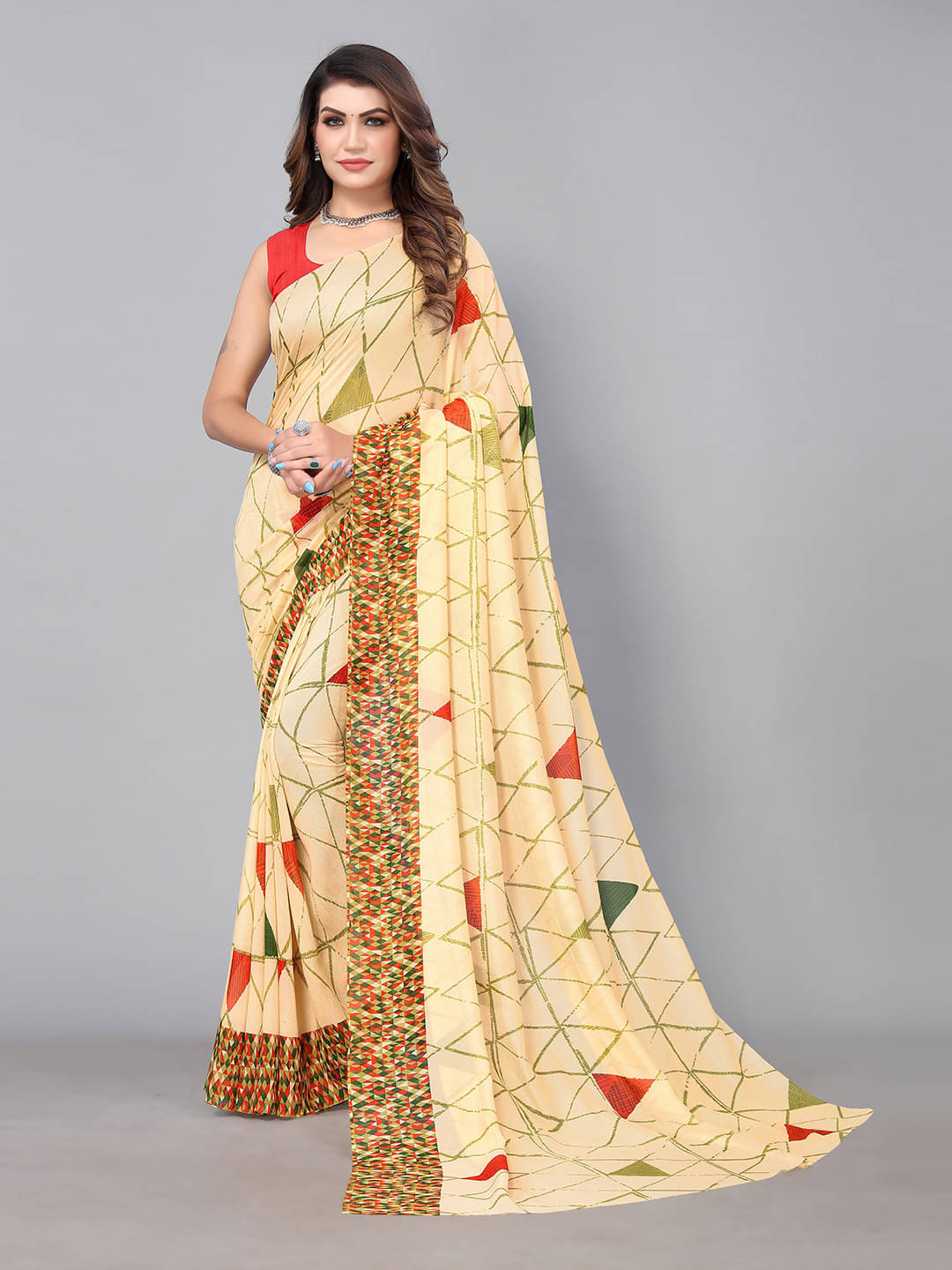 Aarrah Georgette Printed Saree With Unstitched Blouse Piece ( Cream ) Aarrah Georgette Printed Saree With Unstitched Blouse Piece ( Cream )