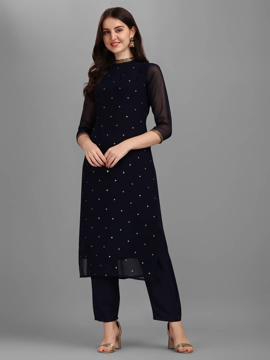 Aarrah Georgette Self Design Kurti With Pants Women's Stitched Salwar Suit - Navy Blue ( Pack of 2 ) Aarrah Georgette Self Design Kurti With Pants Women's Stitched Salwar Suit - Navy Blue ( Pack of 2 )