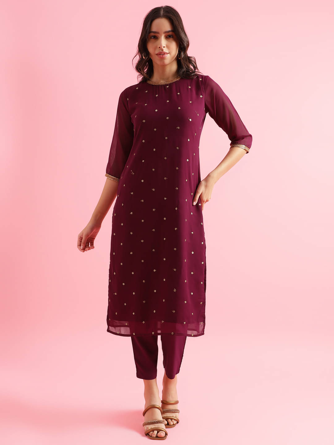     			Aarrah Georgette Self Design Kurti With Pants Women's Stitched Salwar Suit - Purple ( Pack of 2 )