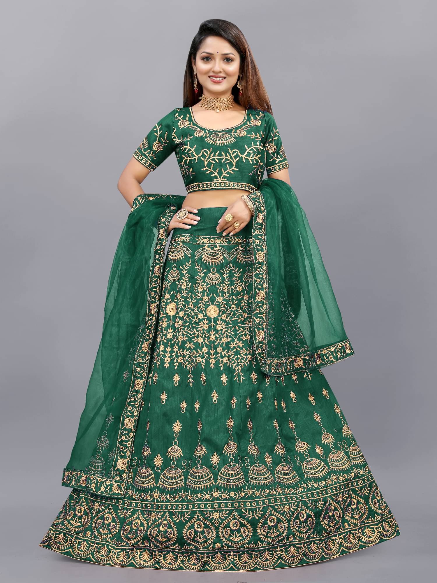     			Aika Green Bangalore Silk Unstitched Unstitched Lehenga