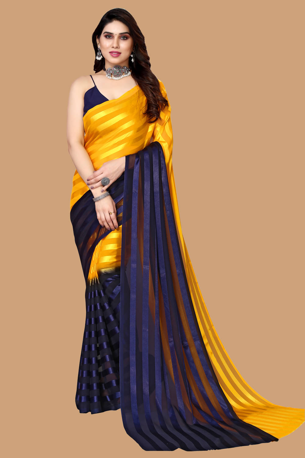 Kashvi Sarees Satin Striped Saree With Unstitched Blouse Piece ( Yellow ) Kashvi Sarees Satin Striped Saree With Unstitched Blouse Piece ( Yellow )