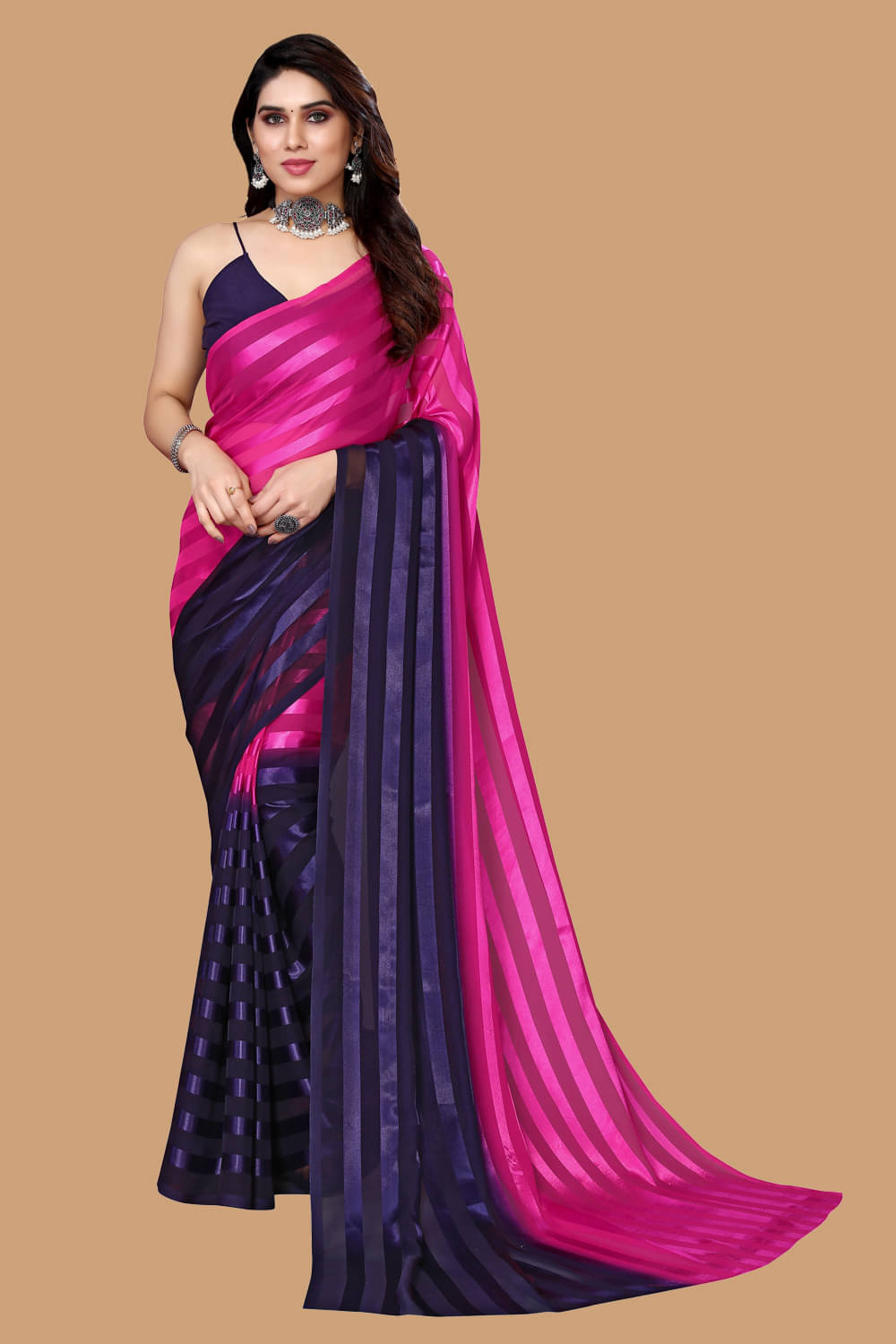 Kashvi Sarees Satin Striped Saree With Unstitched Blouse Piece ( Pink ) Kashvi Sarees Satin Striped Saree With Unstitched Blouse Piece ( Pink )