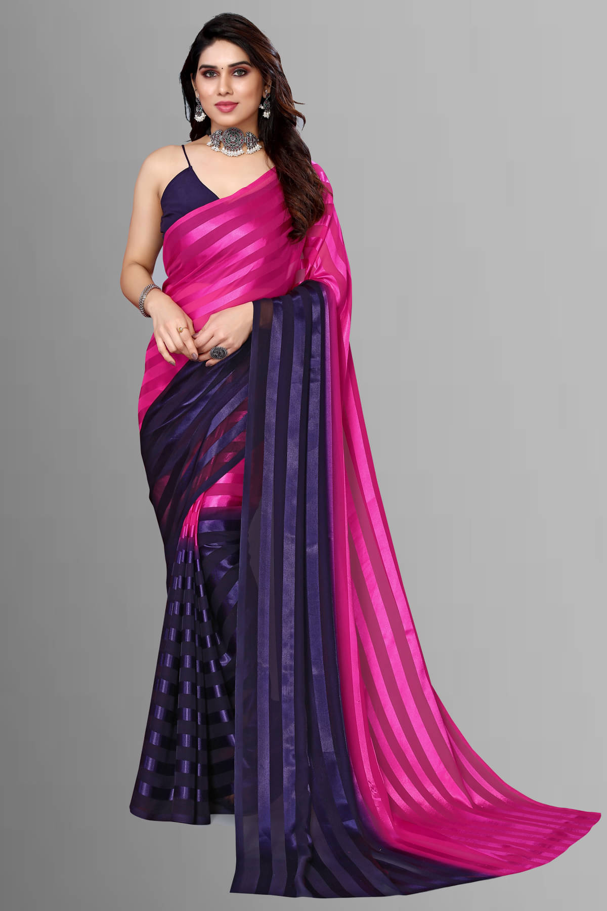     			Kashvi Sarees Satin Striped Saree Without Blouse Piece ( Pink )