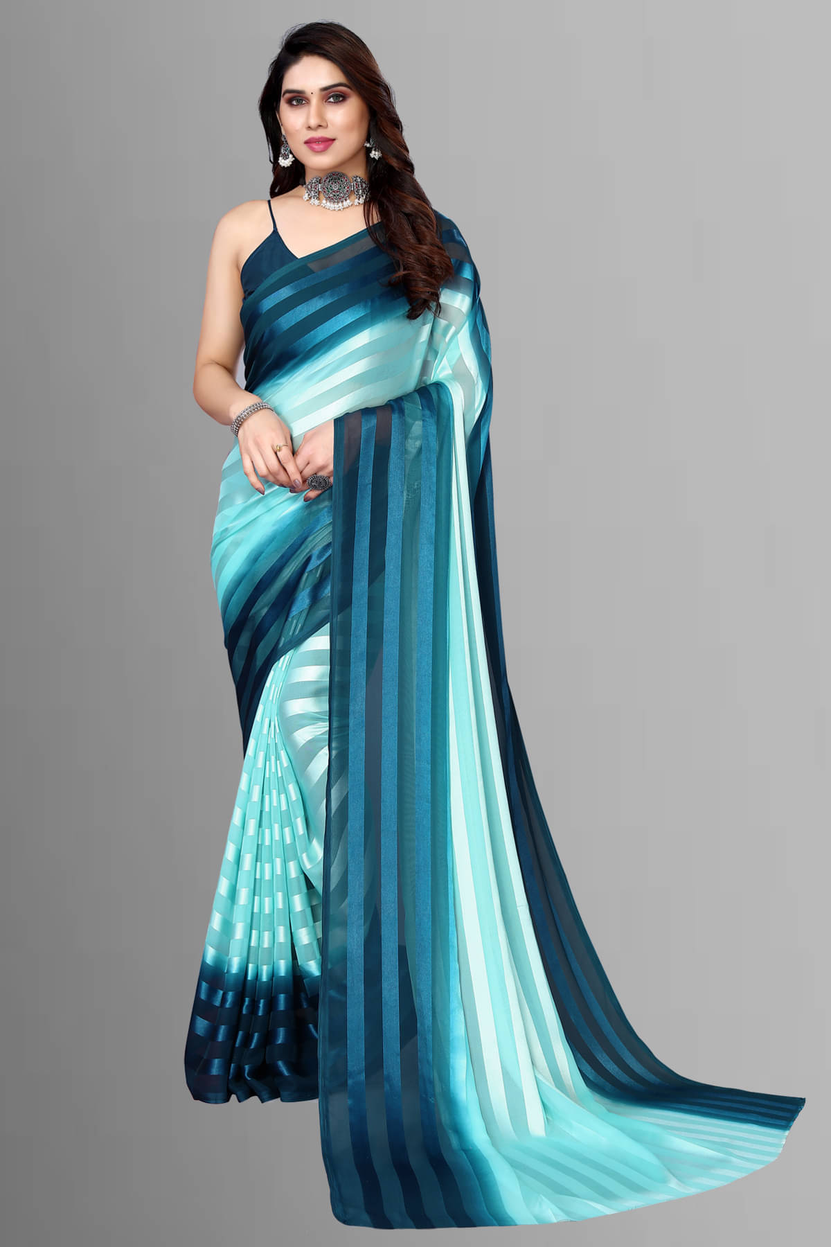     			Kashvi Sarees Satin Striped Saree With Unstitched Blouse Piece ( Teal )